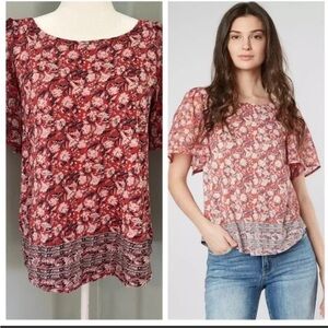 Boho Chic Lucky Brand Red and White Floral Flutter Short-Sleeve Blouse Size M